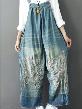 Embroidered Blue Denim Women’s Wide-Leg Overalls